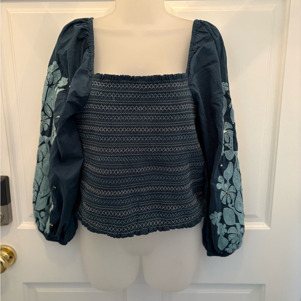 Anthropologie Teal Embroidered Blouse
